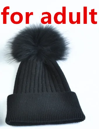 Black for adult Шапка с помпоном из натурального меха для мамы, зимние шапки для детей, женские теплые шапки для мальчиков и девочек, милая вязаная шапка в полоску, костюм для родителей, зимняя шапка - Цвет: Black for adult