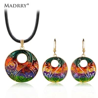 madrry enamel round circle jewelry sets for women pendant necklace earrings leather chain vintage feminino aretes 3 colors