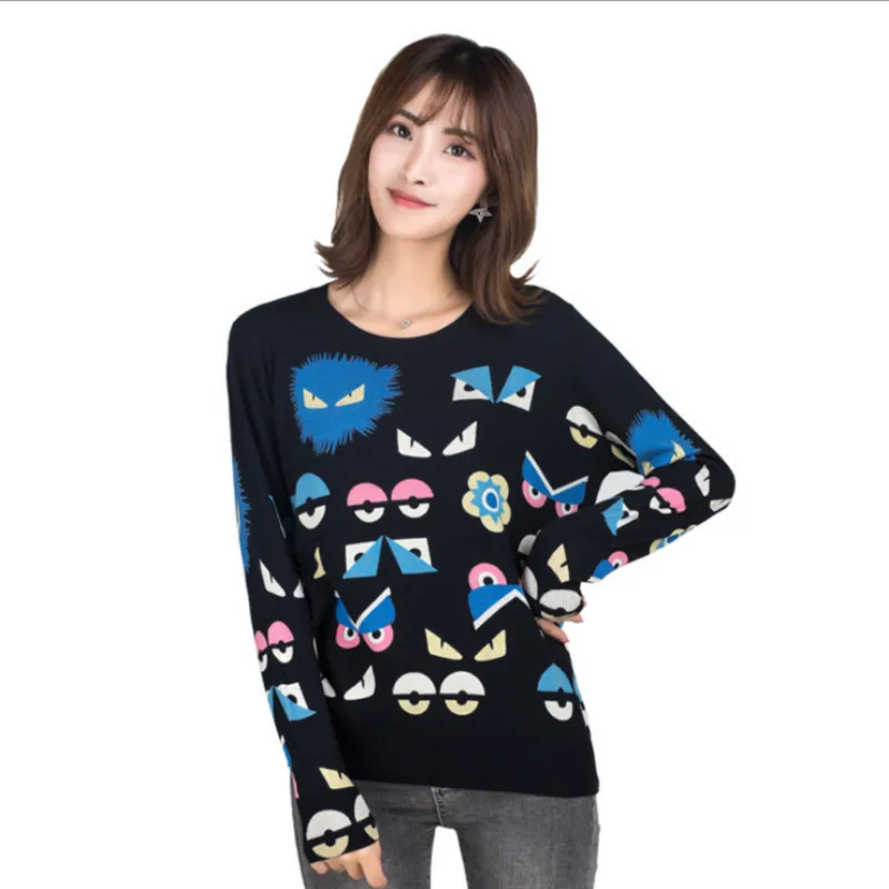 Winter Runway Sweater Women Luxury Brand Design Elegant Long-sleeve Feminino New Loose Printed Knitted Pullovers Tops | Женская одежда