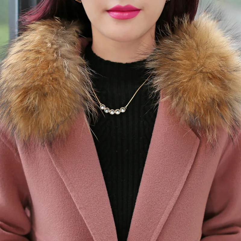 

2020 100% Natural Raccoon Fur Turn-Down Collar Woolen Coat Female Fashion Slim Meduim Long Autumn Winter Cashmere Jacket WUJ0440