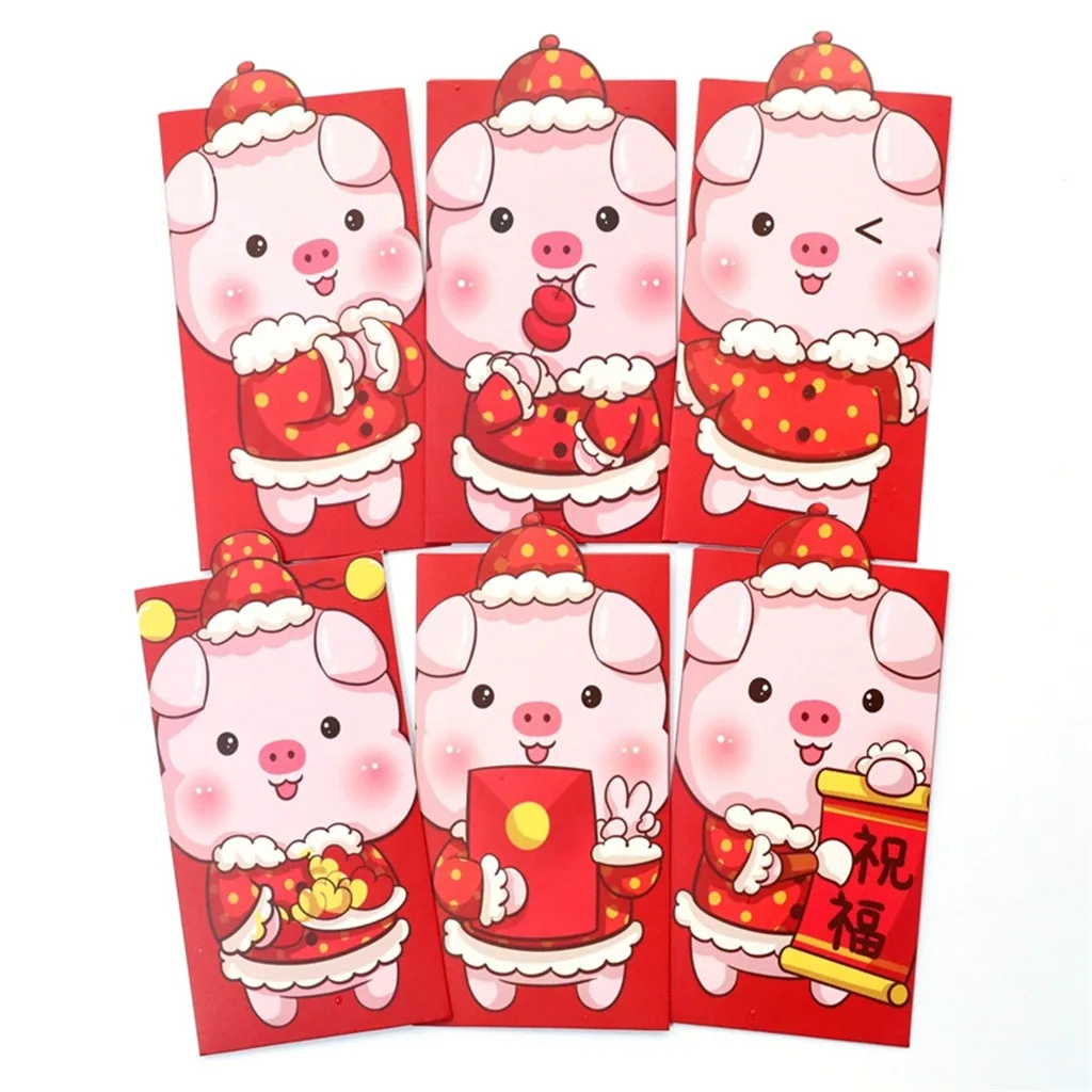6 шт./компл. 2019 новогодний поросенок мультфильм красные пакеты Hong Bao Lucky Money