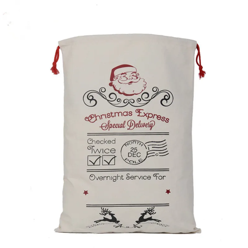 

Wholesale Christmas gift bags 50pcs/lot 100% cotton 50*70cm Canvas Santa Sack elk Santa Claus Drawstring Large Rope storage bags