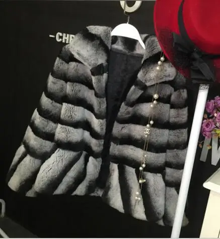Russian Fashion Women Real Fur Coat Winter Warm Stand Collar Natural Chinchilla Rex Rabbit Fur Coat DA-77 enlarge