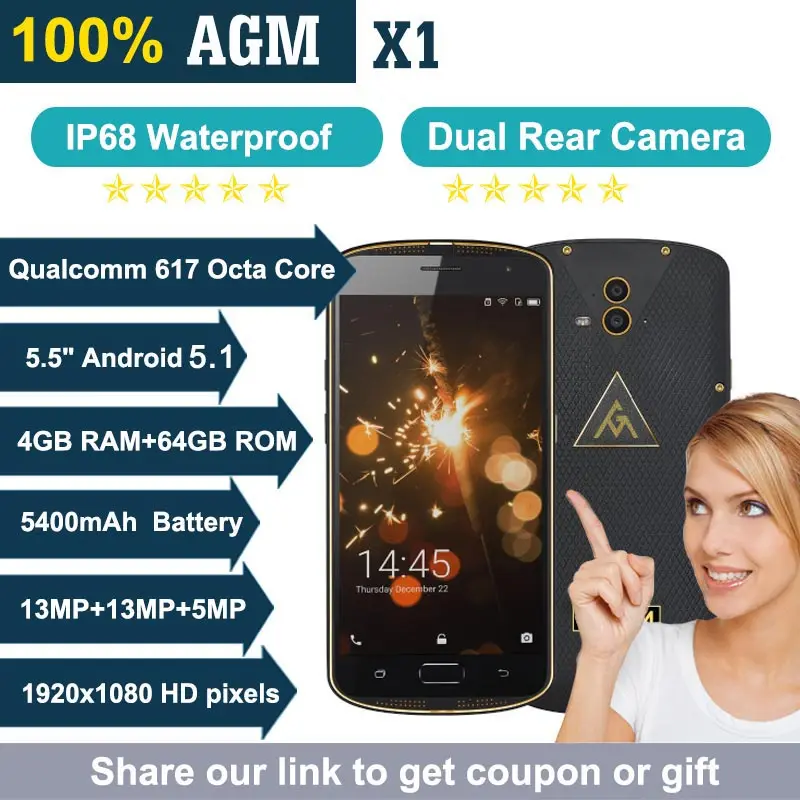 AGM x1 IP68 Водонепроницаемый мобильный телефон 5.5 &quotQualcom Octa core 4 ГБ + 64 5400 мАч 13MP
