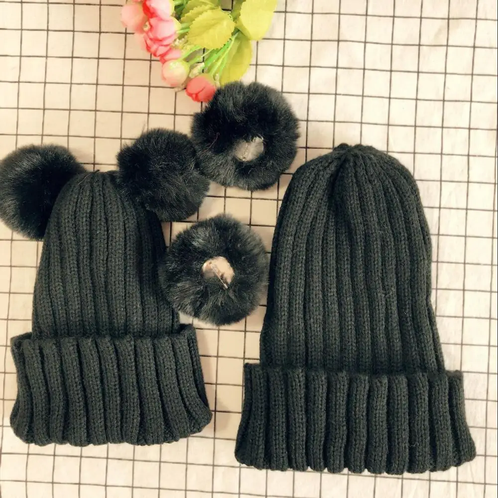 Модные вязаные шапки для родителей и детей Beanies Милая зимняя шапка с помпоном