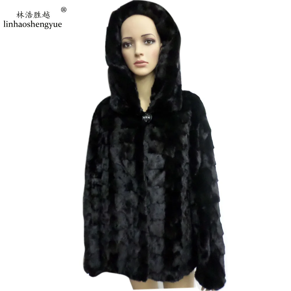 

Linhaoshengyue Horizontal Lines and Vertical Stripes Minks Head of Long Black Fur Coat with Hat