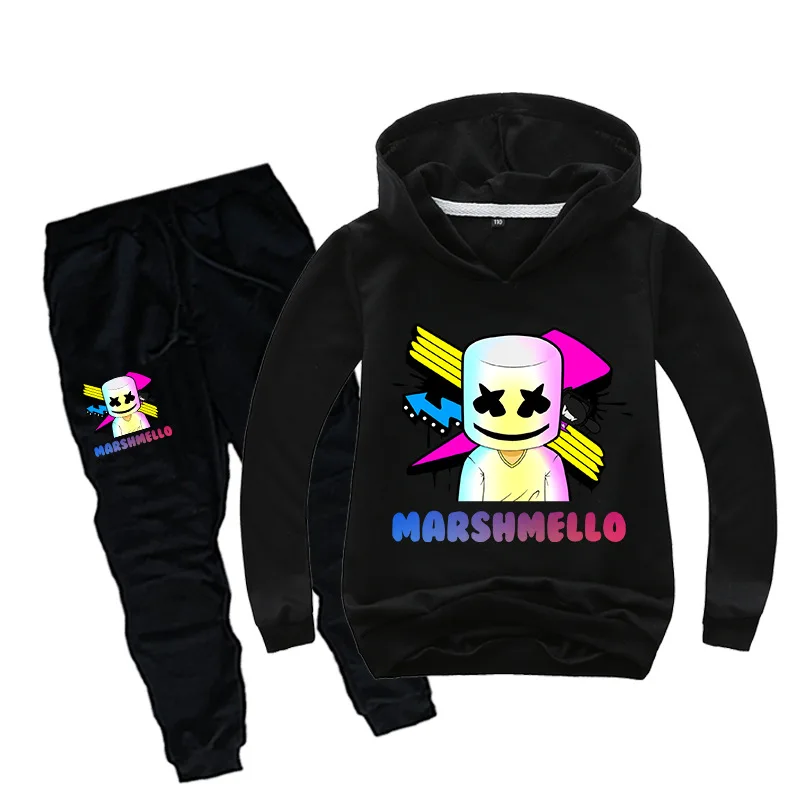 Boys Girls Marshmello Kids Hooded Sweatshirt Pullover Hoodies &amp Long Pants DJ Spring Fall Casual Costumes Outfit Set | Детская одежда