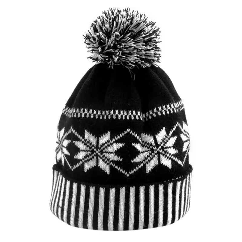 

Women Men Winter Cuffed Knitted Hat Classic Black White Snowflake Striped Geometric Pattern Beanie Cap With Fluffy Pompom Ball
