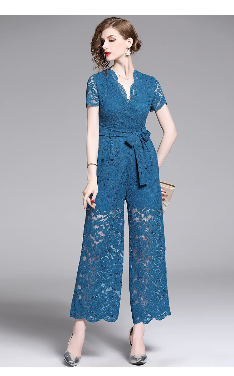 

Sexy Lace Jumpsuit Women Short Sleeve High Waist See Through Full Bodysuit Long Romper Pants Skinny Elegant Evening Jumpsuits