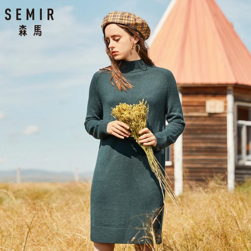 SEMIR Женское шерстяное платье-свитер с воротником-хомутом, женское платье в рубчик с длинными рукавами реглан, разрезы на подоле