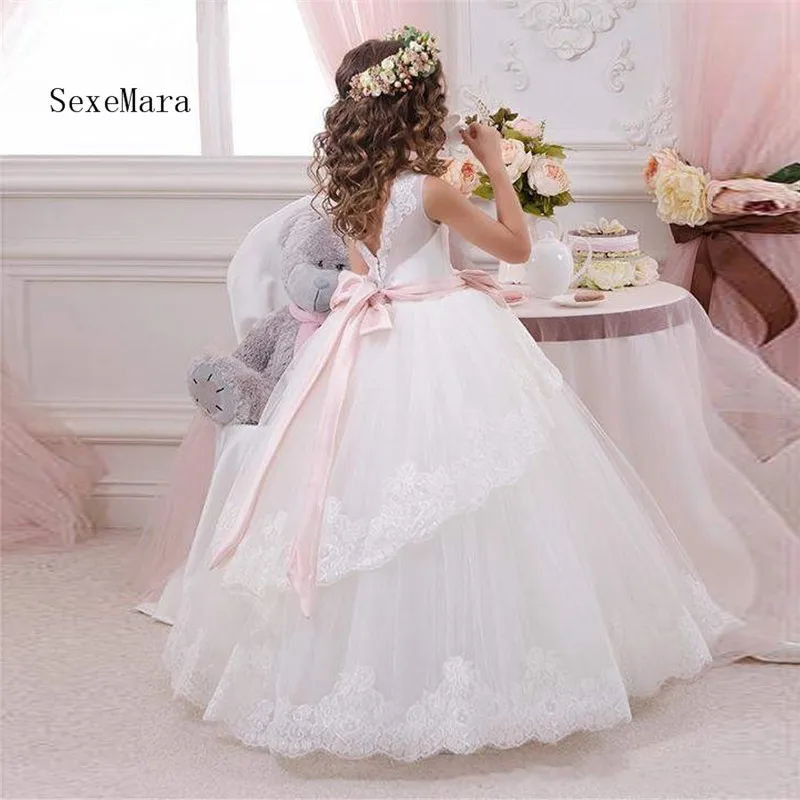 White Lace Girls First Communion Dress Ball Gown O Neck Flower Dresses for Wedding | Детская одежда и обувь