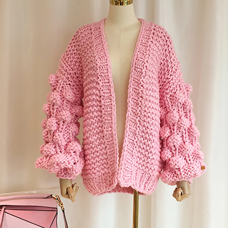 Winter Women's Thick Cardigan Sweater Coat Wool Handmade Woven Shawl High Street Style Warm Pink |