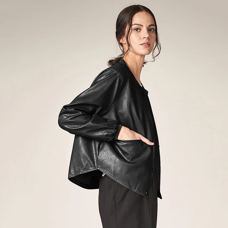Женская кожаная куртка бомбер на пуговицах с длинным рукавом|jacket women casual|fashion jacket