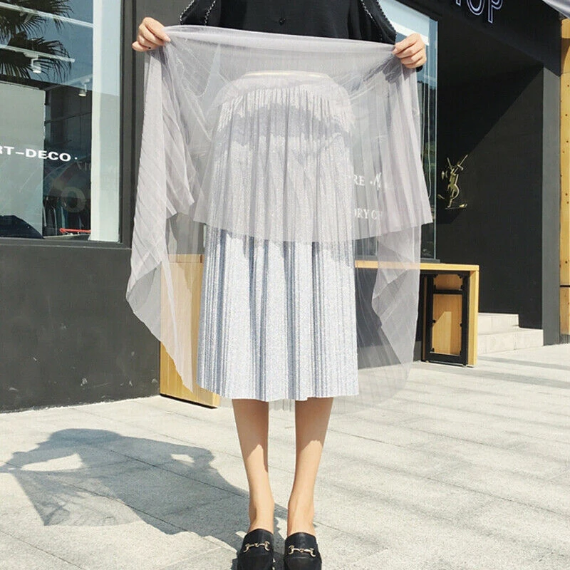 Женская плиссированная юбка с блестками длинная двухслойная кружевная из тюля