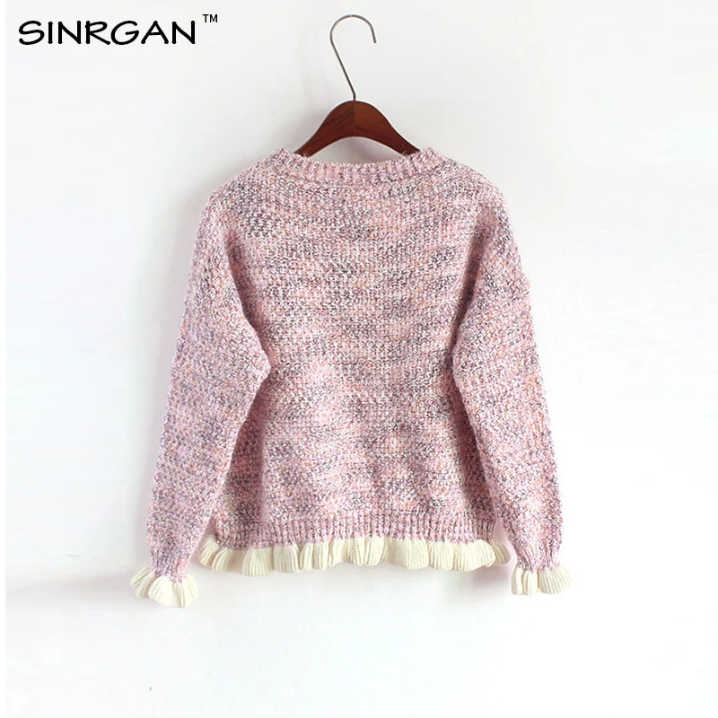 SINRGAN ruffle o-neck winter knitted sweater Women long sleeve casual pullover female Soft warm autumn jumper clothes | Женская одежда