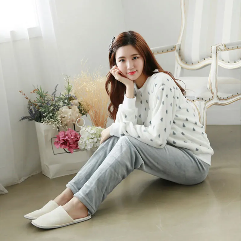 Heart Gray 3 Two Piece Plus Size Winter Sleepwear Women Pajamas Nightgown Big Size Letter Kawaii Home Warm Clothes Female Nightdress - Цвет: Heart Gray 3