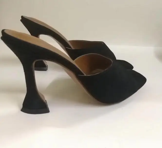 9.5cm heel Vienantin/Элегантные замшевые черные туфли без задника на высоком каблуке; пикантные вечерние туфли с открытым носком; женские туфли с квадратным носом и каблуком-чашкой - Цвет: 9.5cm heel