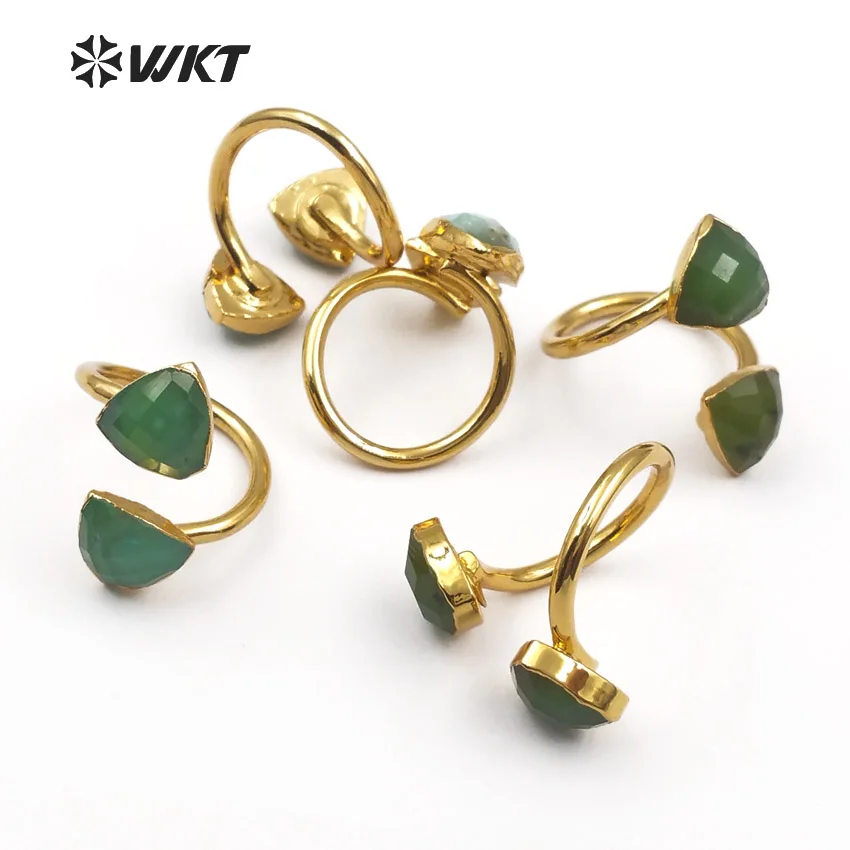 WT-R317 WKT Wholesale Natural Chrysoprase Stone In Triangle Shape Faceted Green With Gold Trim For Women Dainty Ring | Украшения и