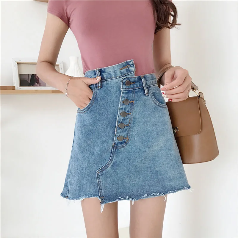 Denim Skirts For Women 2018 Summer Cotton A-line Mini High Waist Irregular Pleated Skirt Female #2878 | Женская одежда