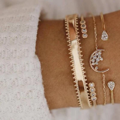 docona Vintage Moon Crystal Geometric Gold Bracelet Set for Women Bohemian Alloy Opening Bracelet Bangle 4pcs/1set C15209 - Окраска металла: c15209