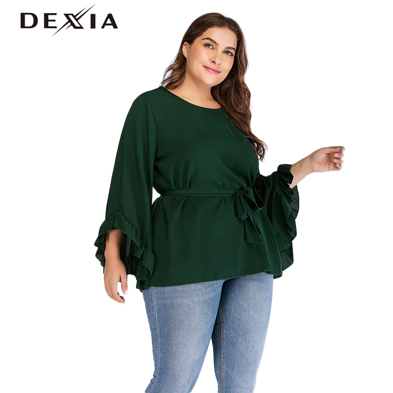 DEXIA плюс Размеры 3XL 4XL зеленый блузка Для женщин длинными расклешенными рукавами