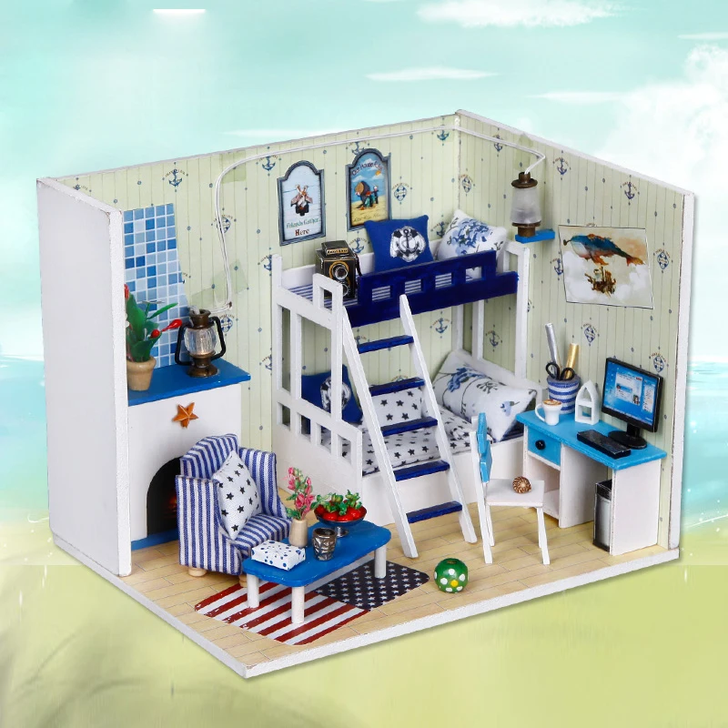 

DIY Миниатюрный Кукольный домик с мебелью, креативный 3D Деревянный кукольный домик, строительная модель, подарочные игрушки, темно-синяя меч...