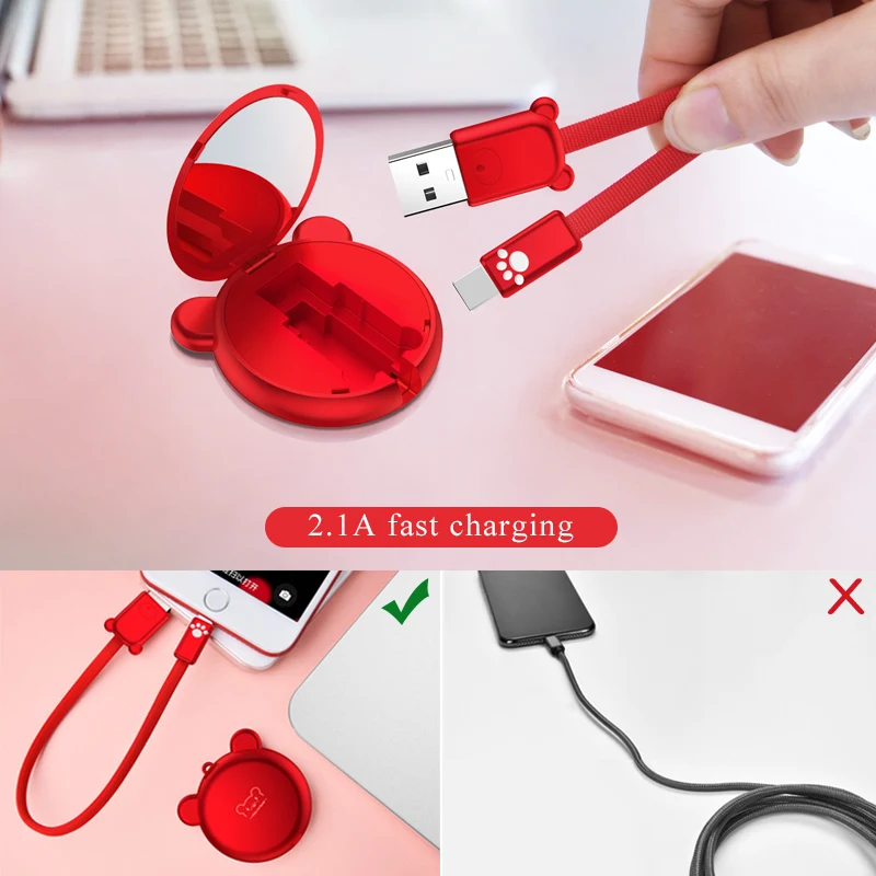 PADCOVER медведь дизайн с зеркалом мини короткий Micro USB зарядный кабель для iPhone |