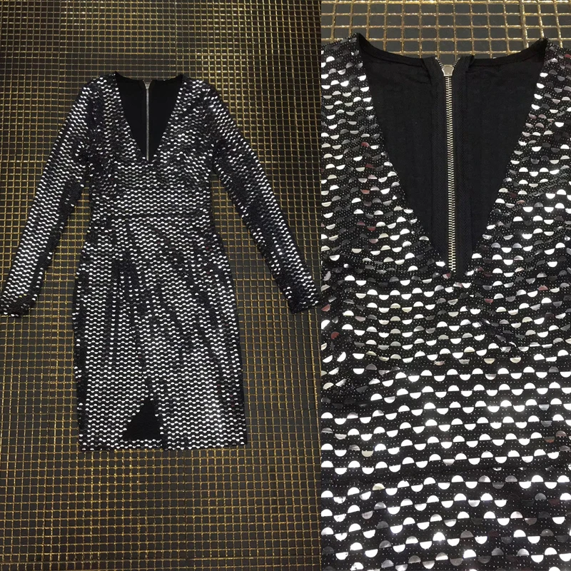 

2019 New Fashion Sequin Long Sleeve With Deep V Neck Loose Party Outfit Dress High Split Club Vestido Sexy Dress Wholesale