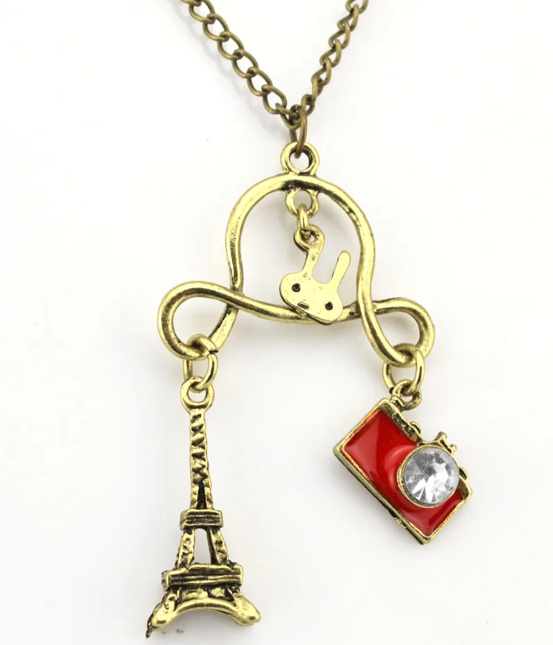 Women Gift Vintage Style Rabbit Camera Eiffel Tower Charms Pendant Necklace Retro Metal Necklaces Long Chain Jewelry | Украшения и