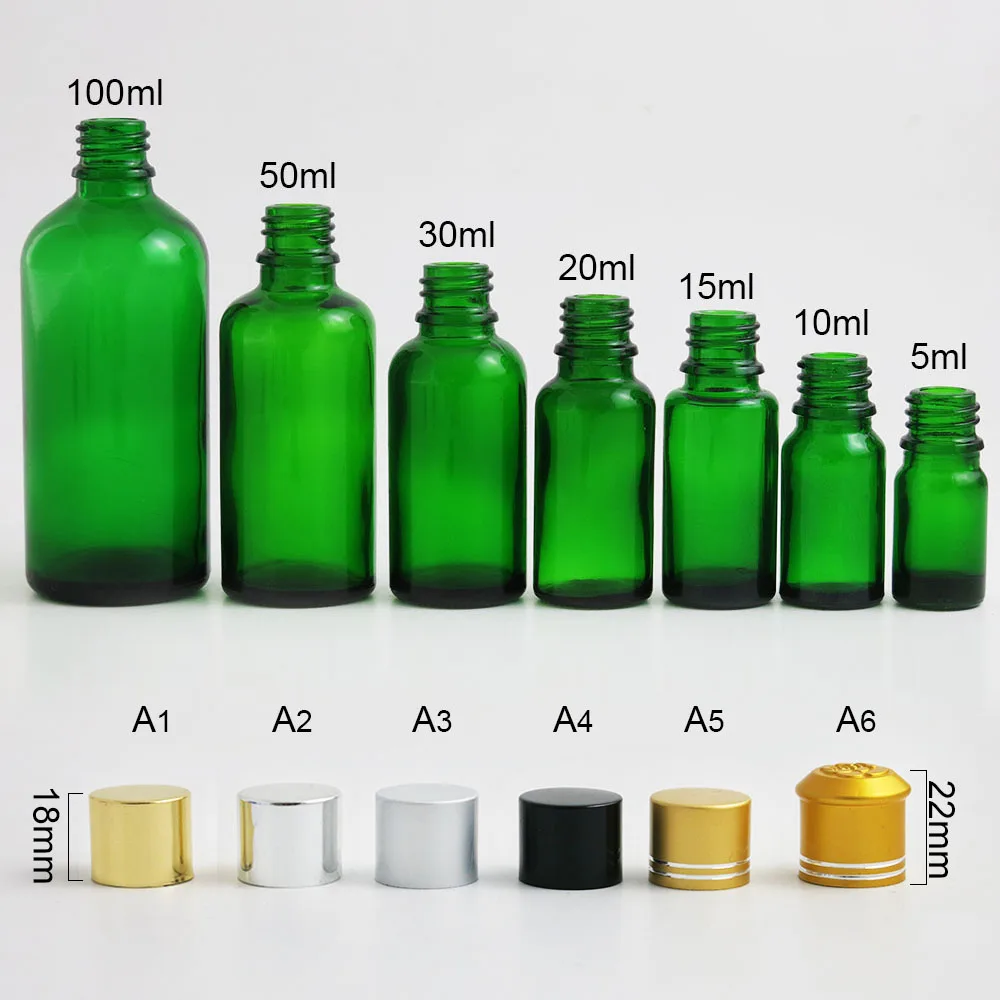 

10 x 5ml 10ml 15ml 20ml 30ml 50ml 100ml Essential Oil Green Glass Bottle with Anodized Aluminum Cap for Skin Care Cream Shampoo