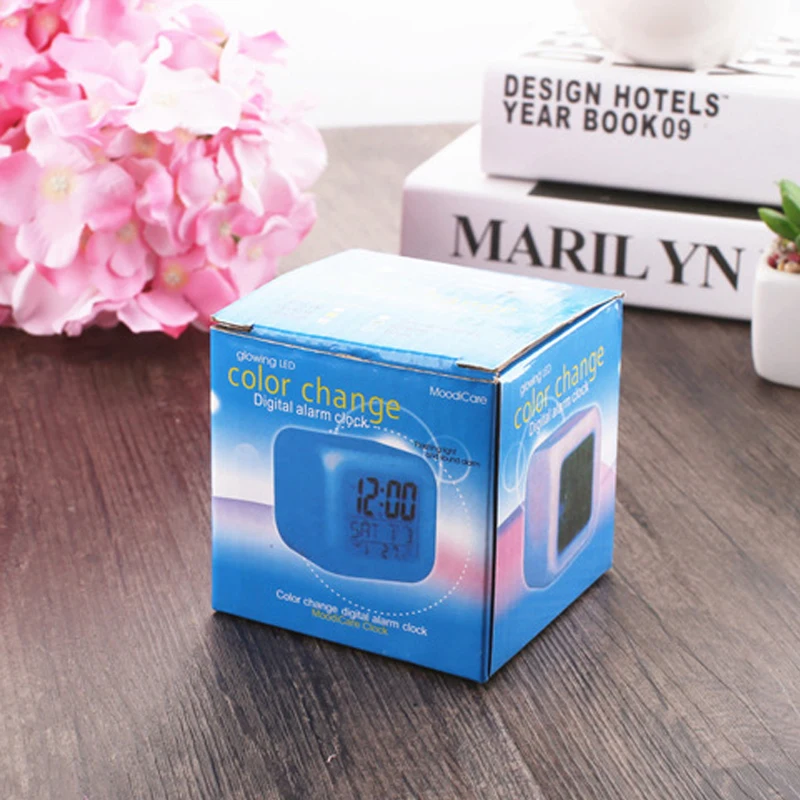 7 цветов светящийся будильник цифровые часы термометр куб светодиодные