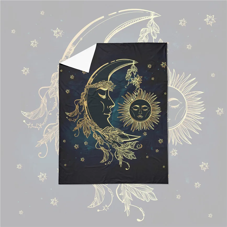 Набор постельного белья в стиле бохо черный золотой с рисунком солнца луны