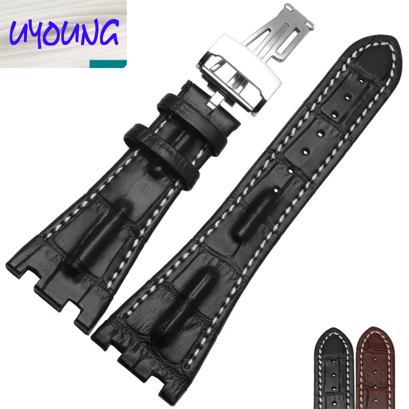 Watch band 28mm New Men High Quality Genuine Leather Watchbands Strap With Rose Gold Deployment Steel Watch buckle Clasp