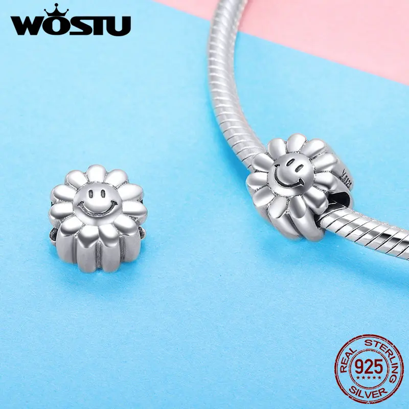 WOSTU 100% 925 пробы серебро Lcuky Happy Sun Flower Подвески из бисера подходит для оригинального