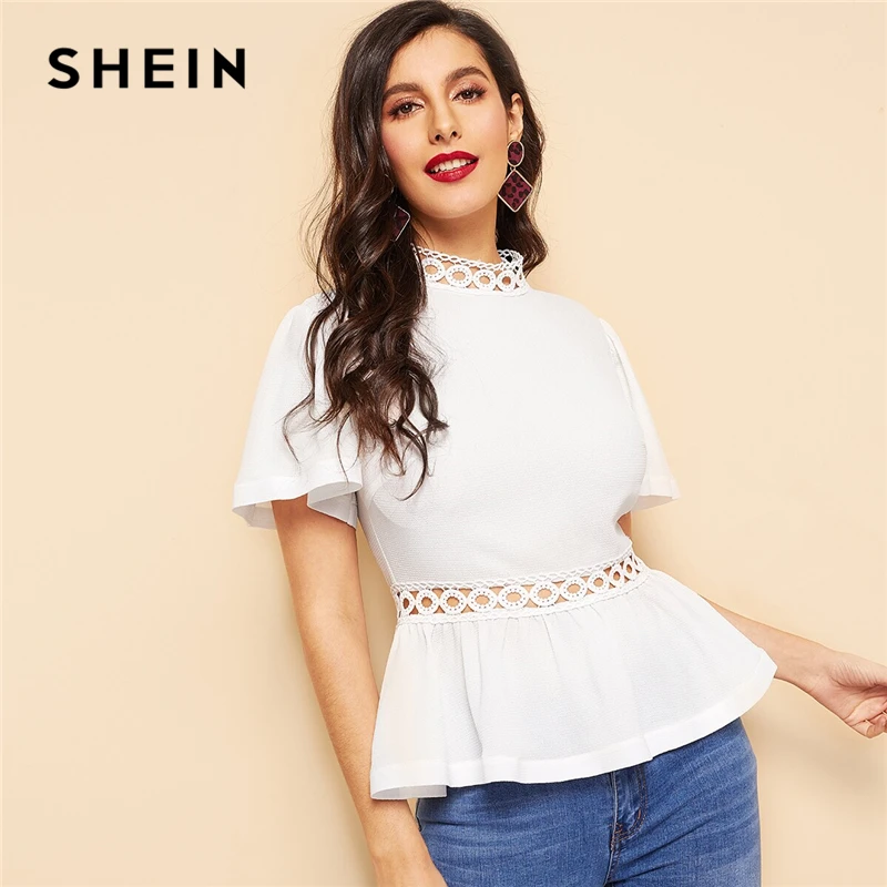 SHEIN модный топ с рукавами-крылышками и кружевной вставкой, элегантный однотонный топ с воротником-стойкой, летние женские блузки с коротким рукавом