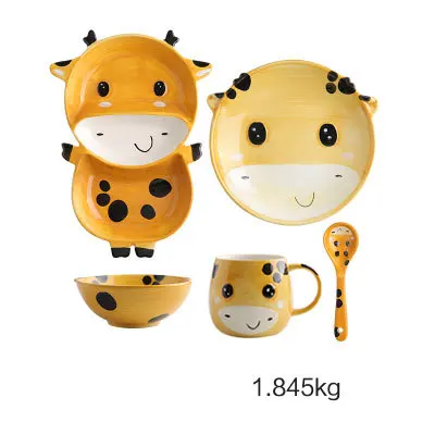 Cute Ceramica Plates Glazed Creative Hand Painted Bowl Spoon Set Breakfast Steak Children's Fruit Plate Animal Dish Cutlery - Цвет: W giraffe set