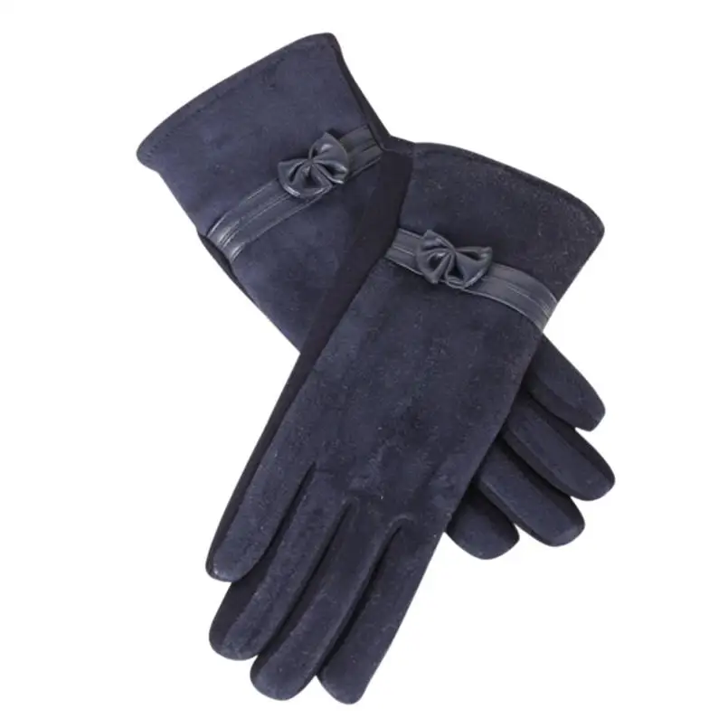 Navy 1 пара, женские перчатки, Осенние, зимние, замшевые, теплые, полный палец, варежки, элегантные, для девушек, перчатка с бантом, Luvas De Inverno# BF - Цвет: Navy
