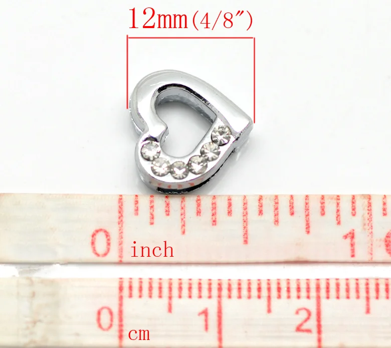 Doreen Box hot- 20PCs Silver Tone Rhinestone Love Heart Charm Beads Spacer Slider 13mmx12mm (B20076) | Украшения и аксессуары