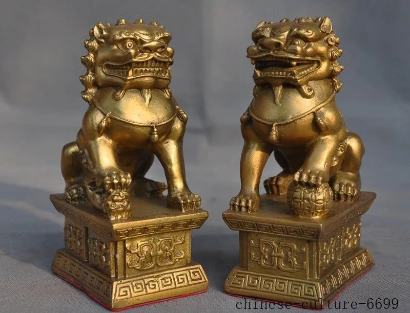 

Christmas 6" old Chinese Feng Shui brass auspicious wealth foo dog lion beast statue pair Halloween