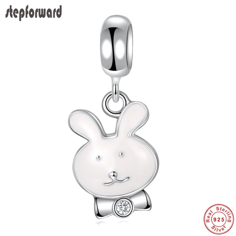 

STEP FORWAR 925 Sterling Silver Cute Rabbit Charm Fit Bracelet Necklace White Enamel Design Pendants Beads For Jewelry Making