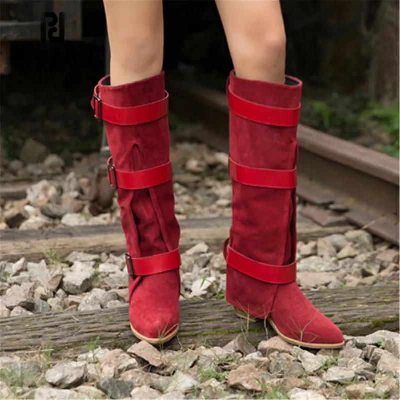 Prova Perfetto Women Knee High Boots Red Suede Female Chunky Heel Straps Autumn Winter Platform Rubber Botas Mujer | Обувь