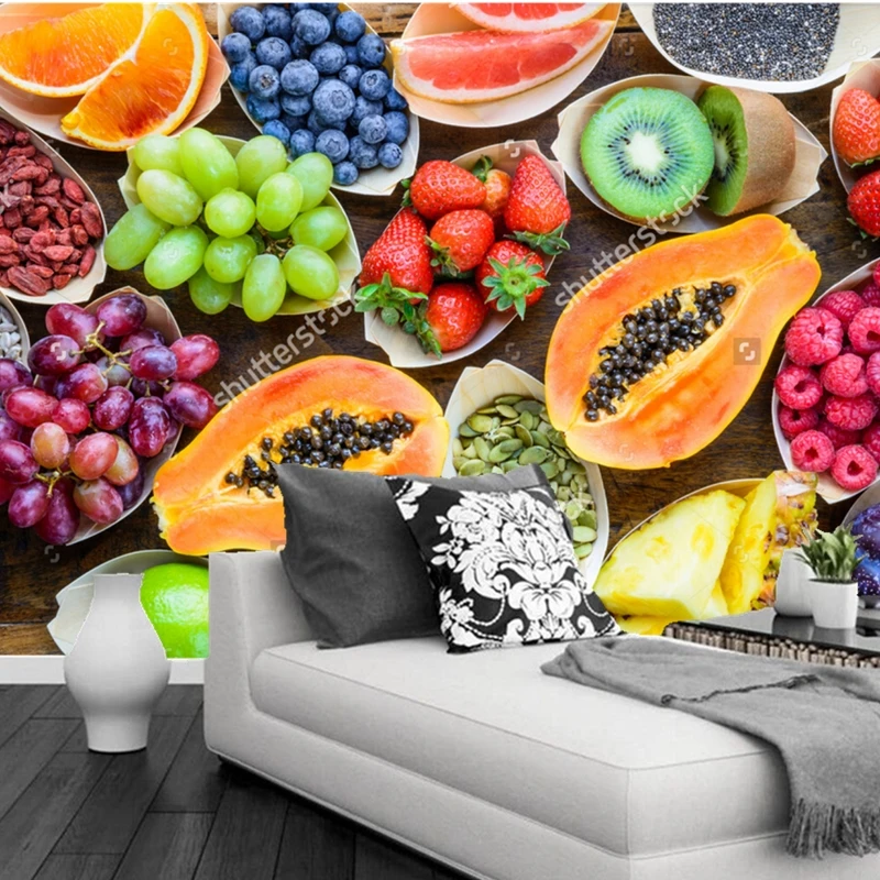 Фрукты обои фрукты ягоды орехи семена вид сверху по дереву 3D фотообои для кухни