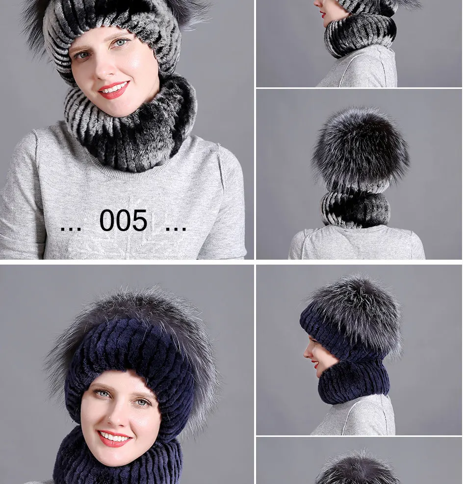 DUOUPA Women fur hat scarf set for winter natural rex rabbit fur scarf and hat solid color brand new street shoot hat and scarf