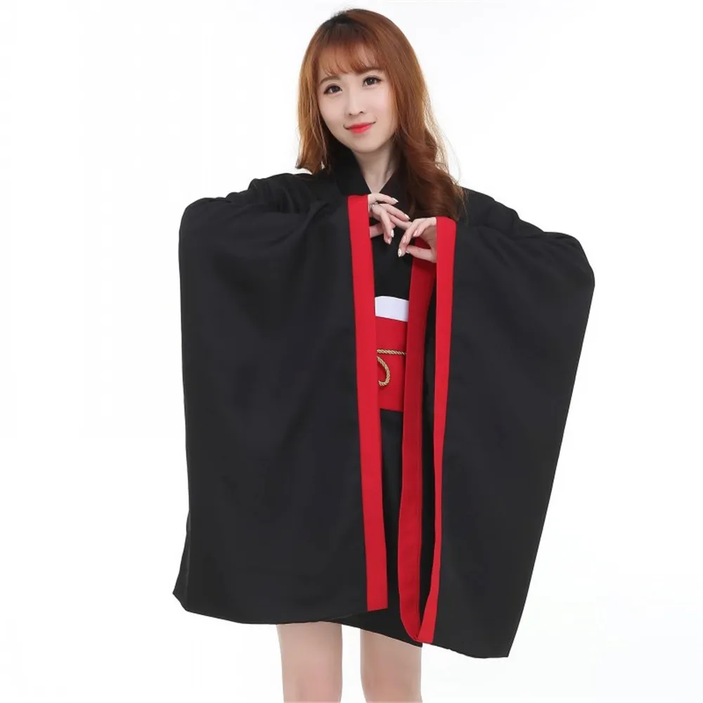 Черное женское японское традиционное кимоно юката банный халат платье с цветком