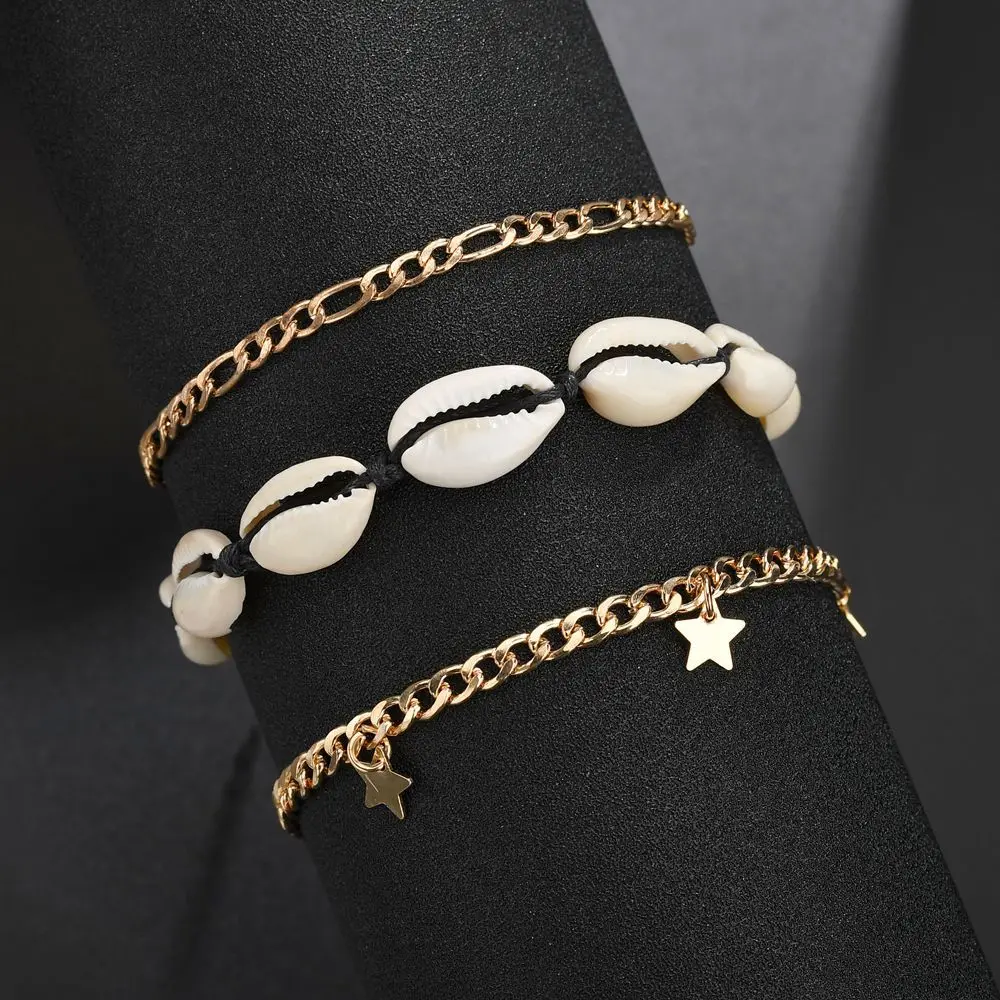 Браслет на ногу Женский винтажный с ракушками пентаграммой 3 шт. | Украшения и