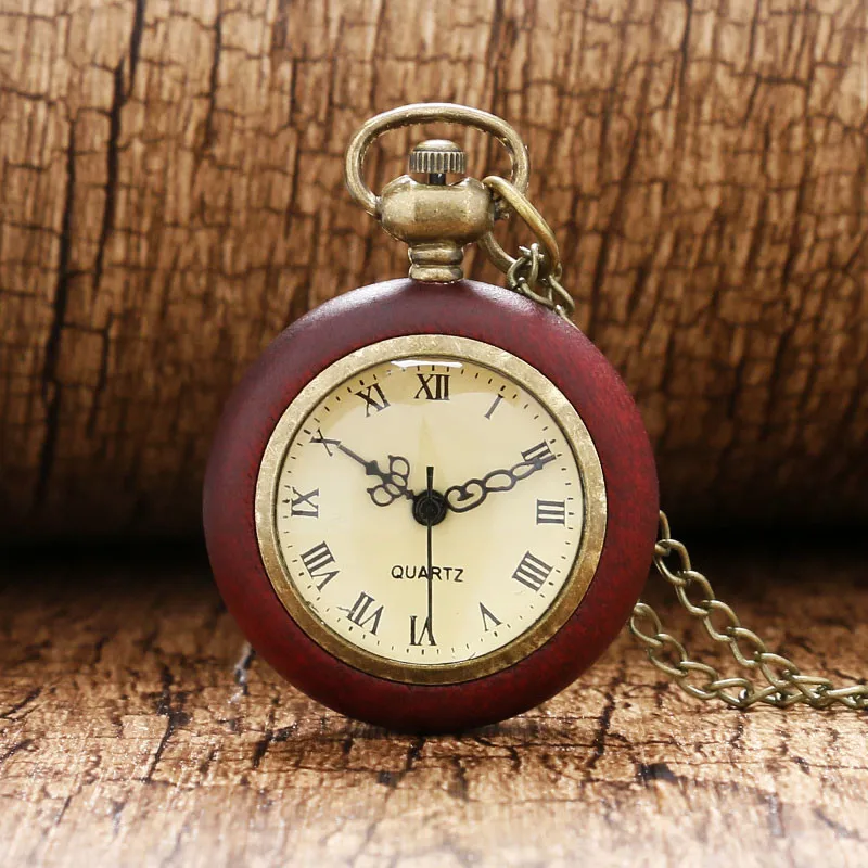 

Antique Pocket Watch Red Wood Case Transparent Glass Ball Shape Slim Chain Retro Sweater Necklace Nurse Watches Gift for Friends