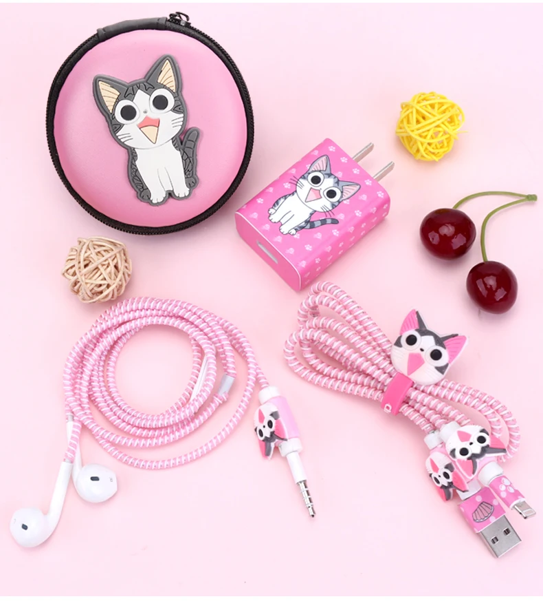 Мультяшный USB кабель для защиты наушников набор с коробкой намотки кабеля
