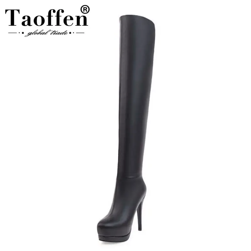 Taoffen Women'S Over Knee High Fashion Boots The Heel Motorcycle Round Toe Zipper Winter Size 34-43 | Обувь