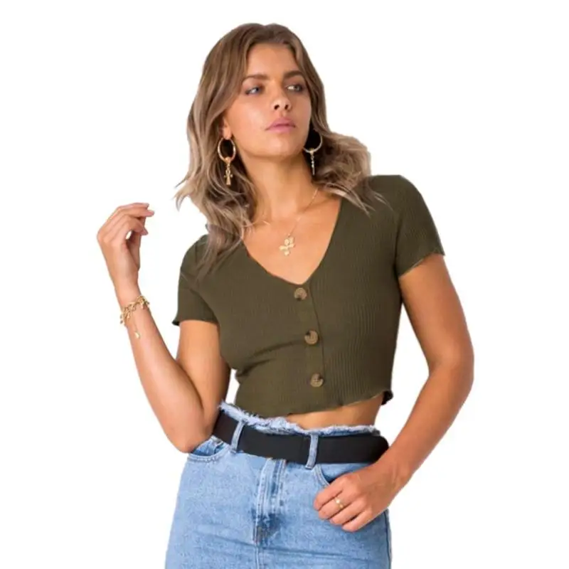 European Sexy Women Knitted Solid Color Short Sleeve Casual V Neck Crop Top | Женская одежда