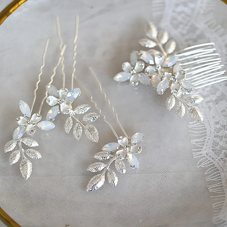 Leaf Wedding Hair Comb Pins Set Opal Crystal Bridal Hair Jewelry Accessories Women Headpiece